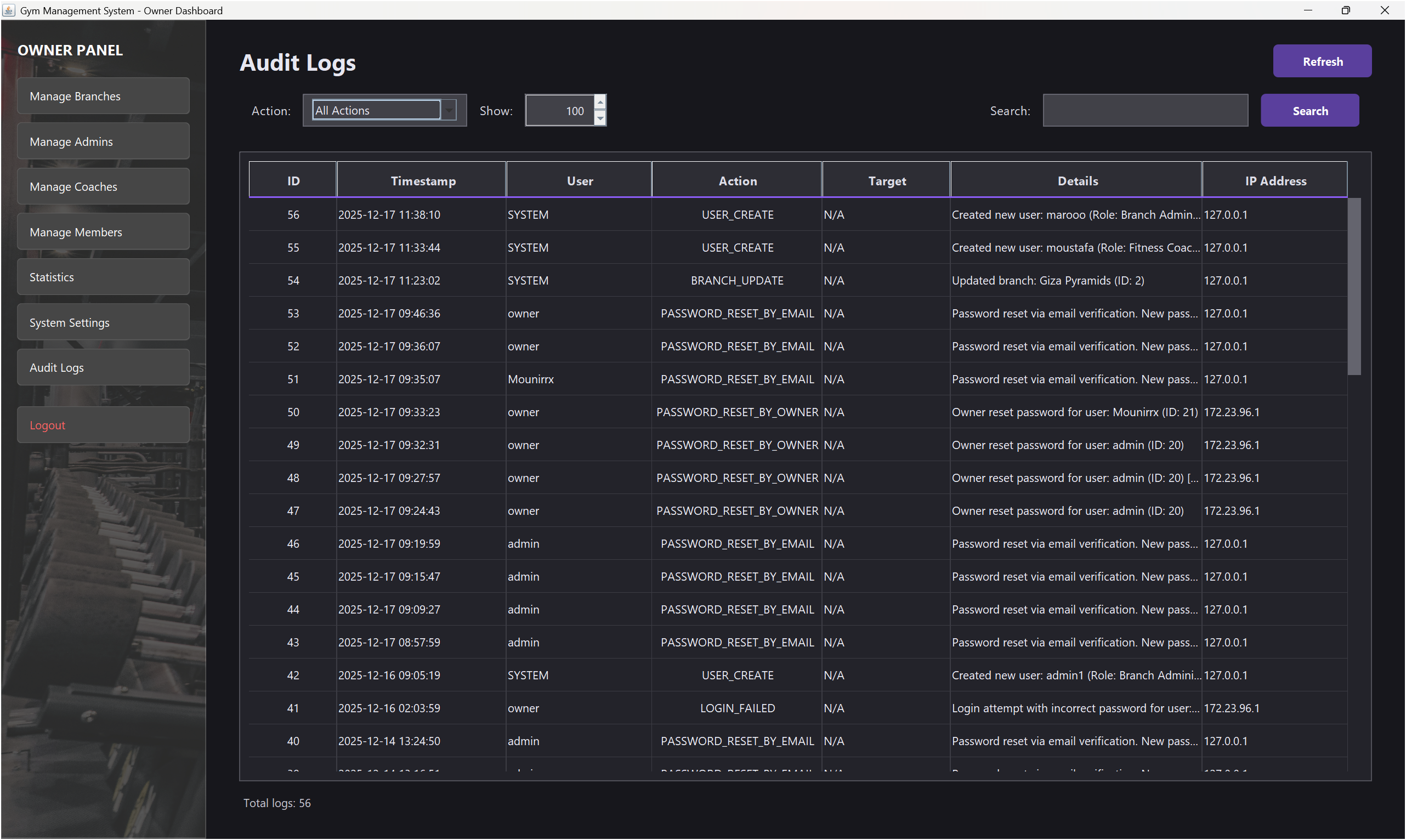 Zadx Tracking Gym - Audit Logs