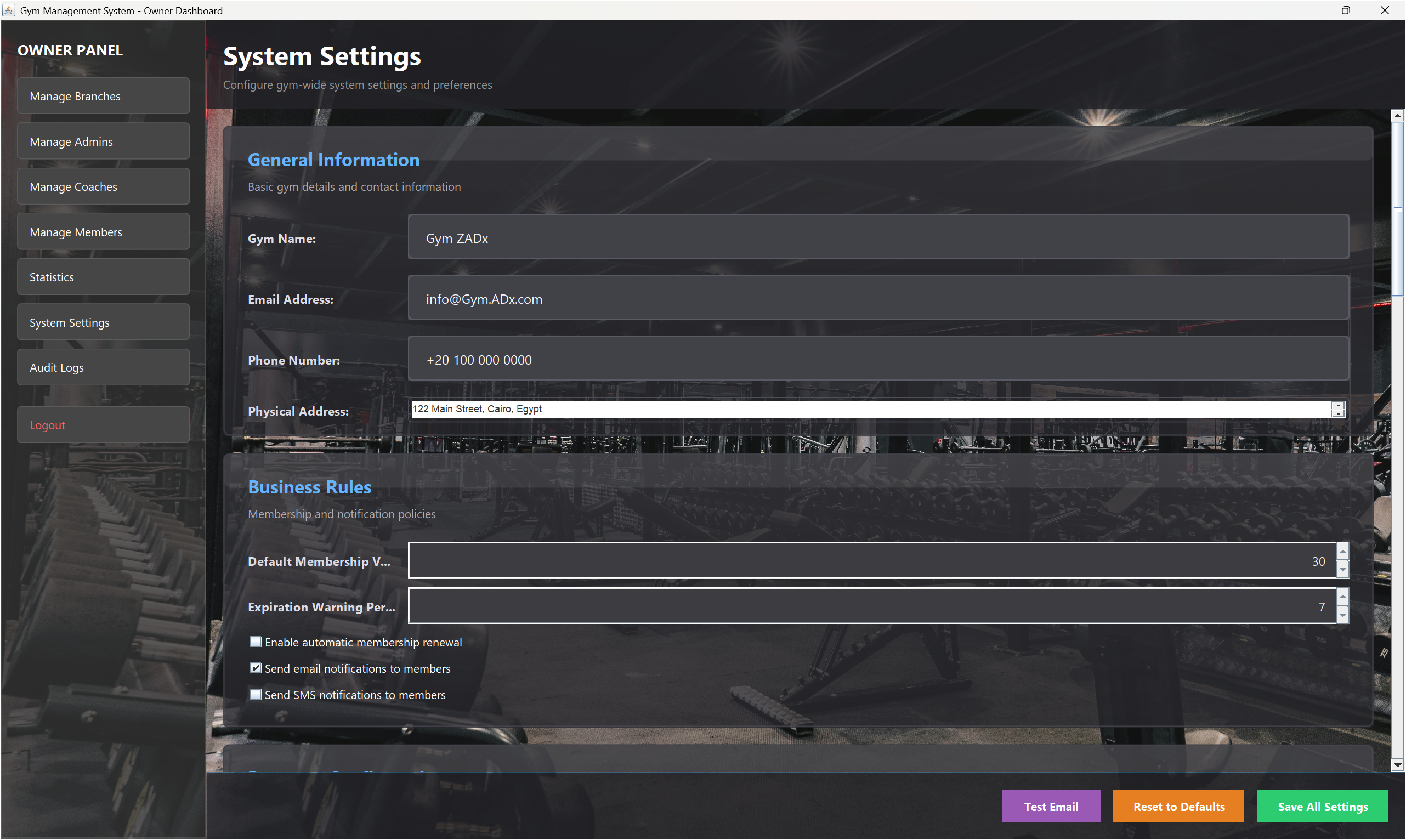 Zadx Tracking Gym - System Settings